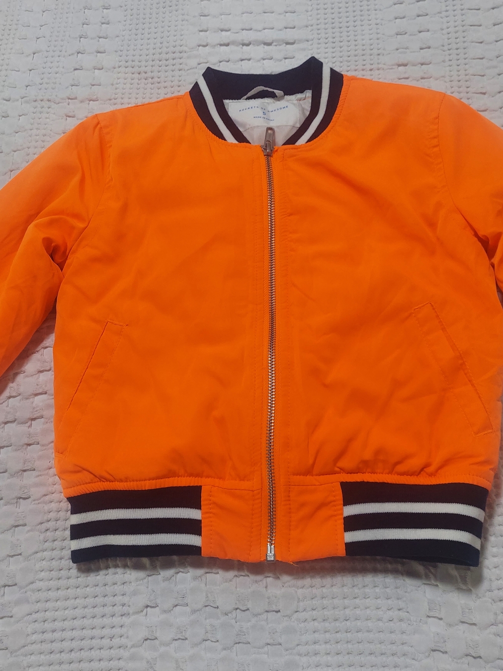 Kids' Orange Bomber Jacket with Striped Trim - Picture 2 of 7